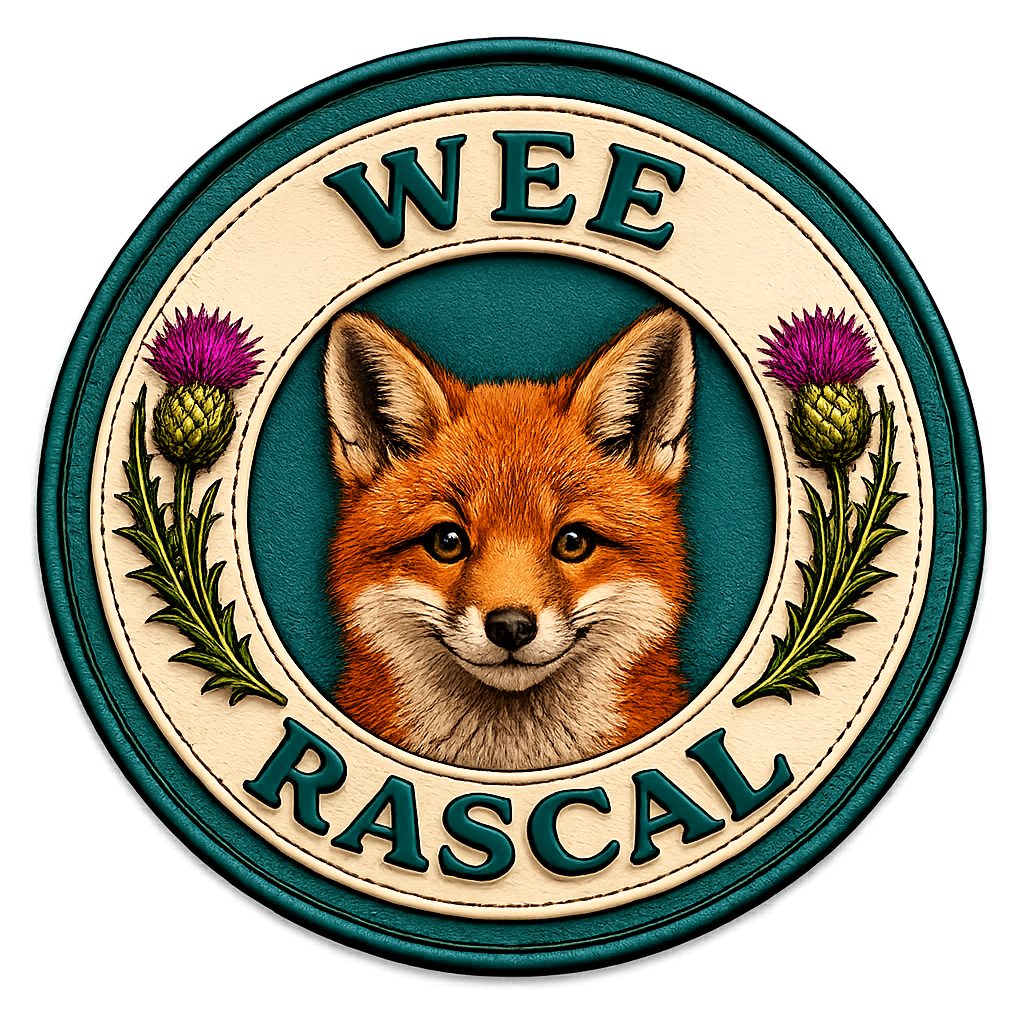 Close-up of the Wee Warrior badge featuring a Highland warrior character, Scottish thistles and tartan detailing.