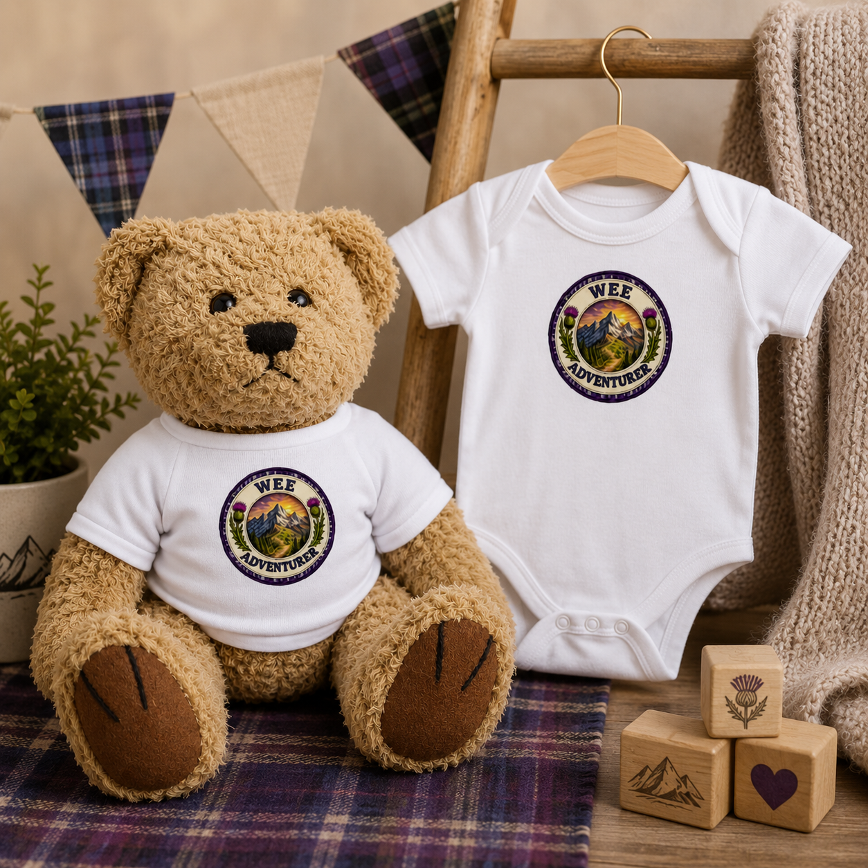 Wee Adventurer Teddy Bear beside matching Wee Adventurer baby bodysuit gift set in a Scottish-inspired nursery scene