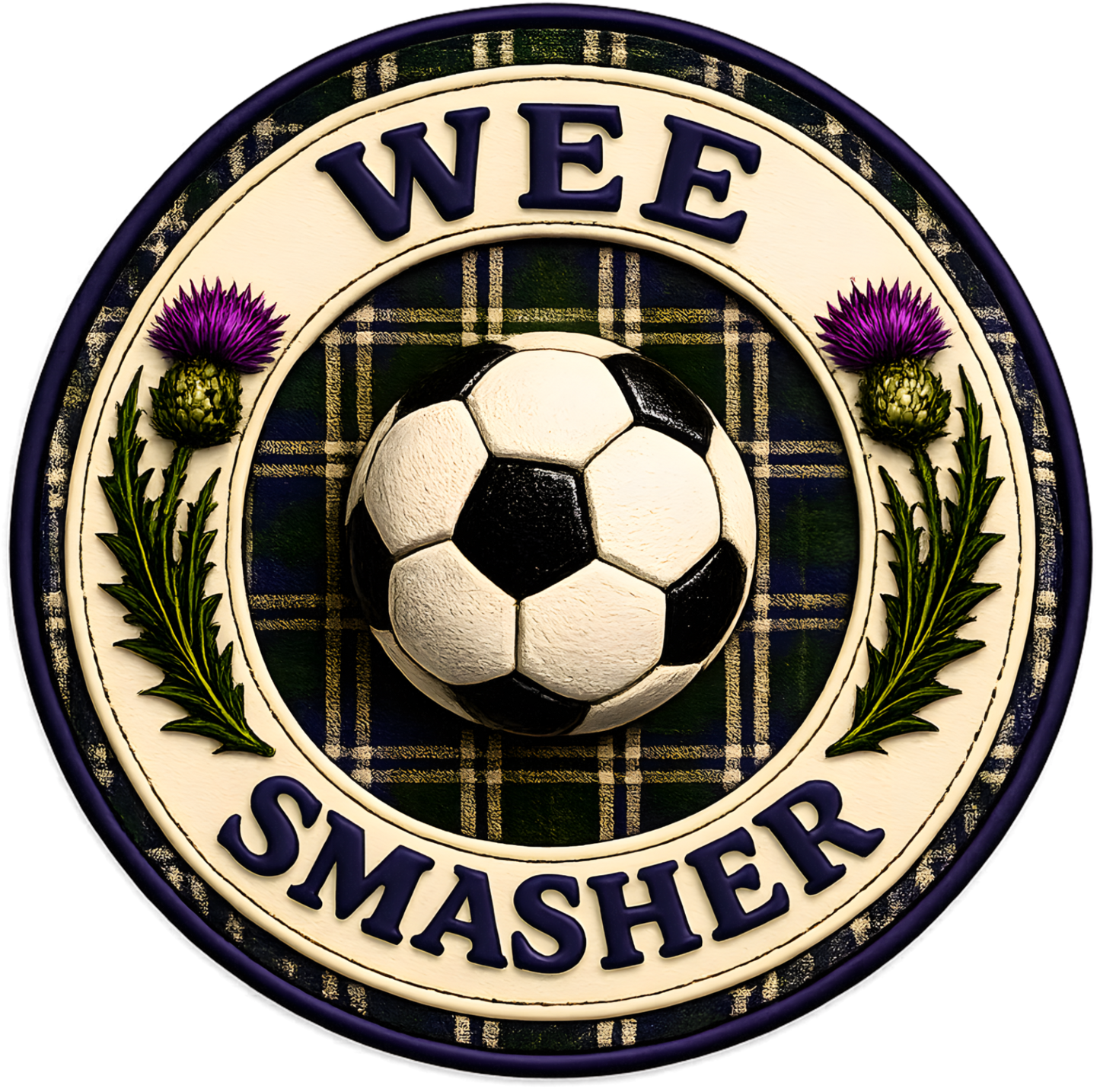 Wee Smasher pencil case football-inspired badge design close up