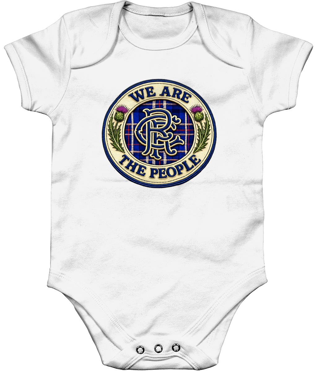 We Are The People badge baby bodysuit in white featuring tartan crest design