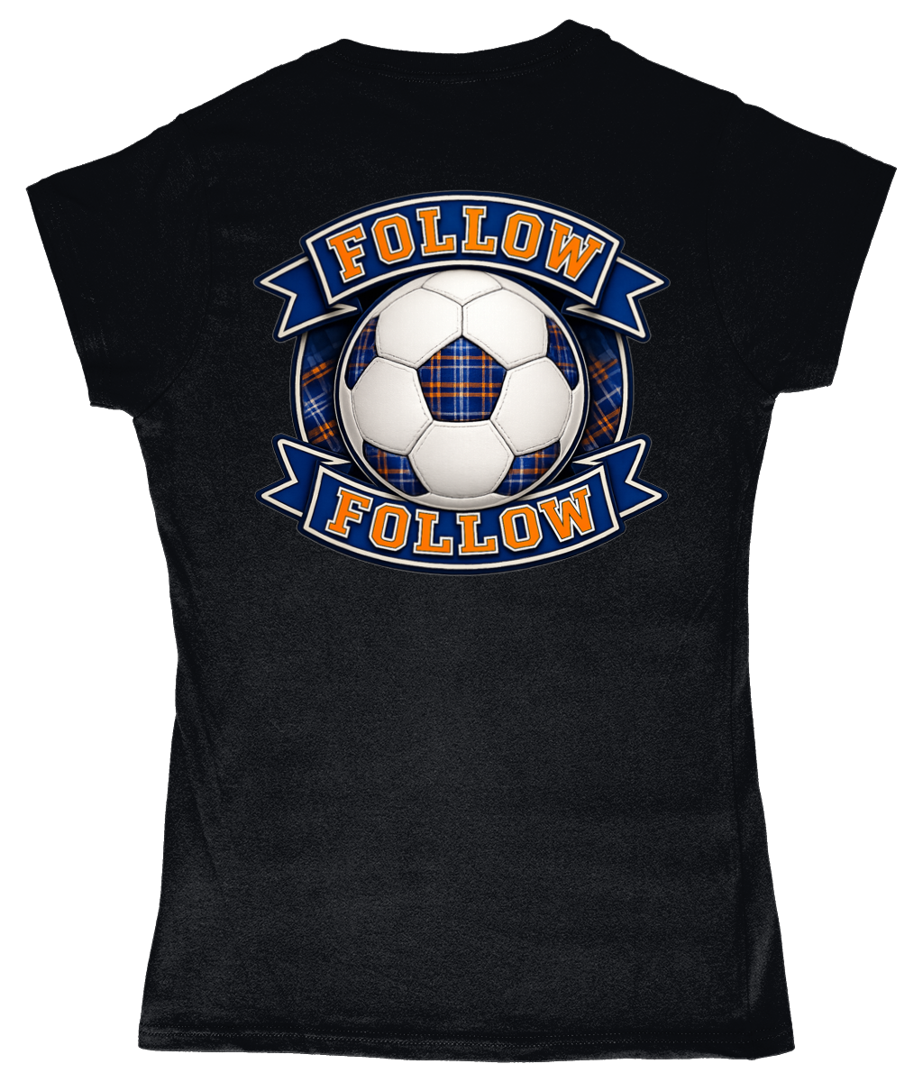 Black women's fitted t-shirt with FOLLOW FOLLOW football-inspired back print design