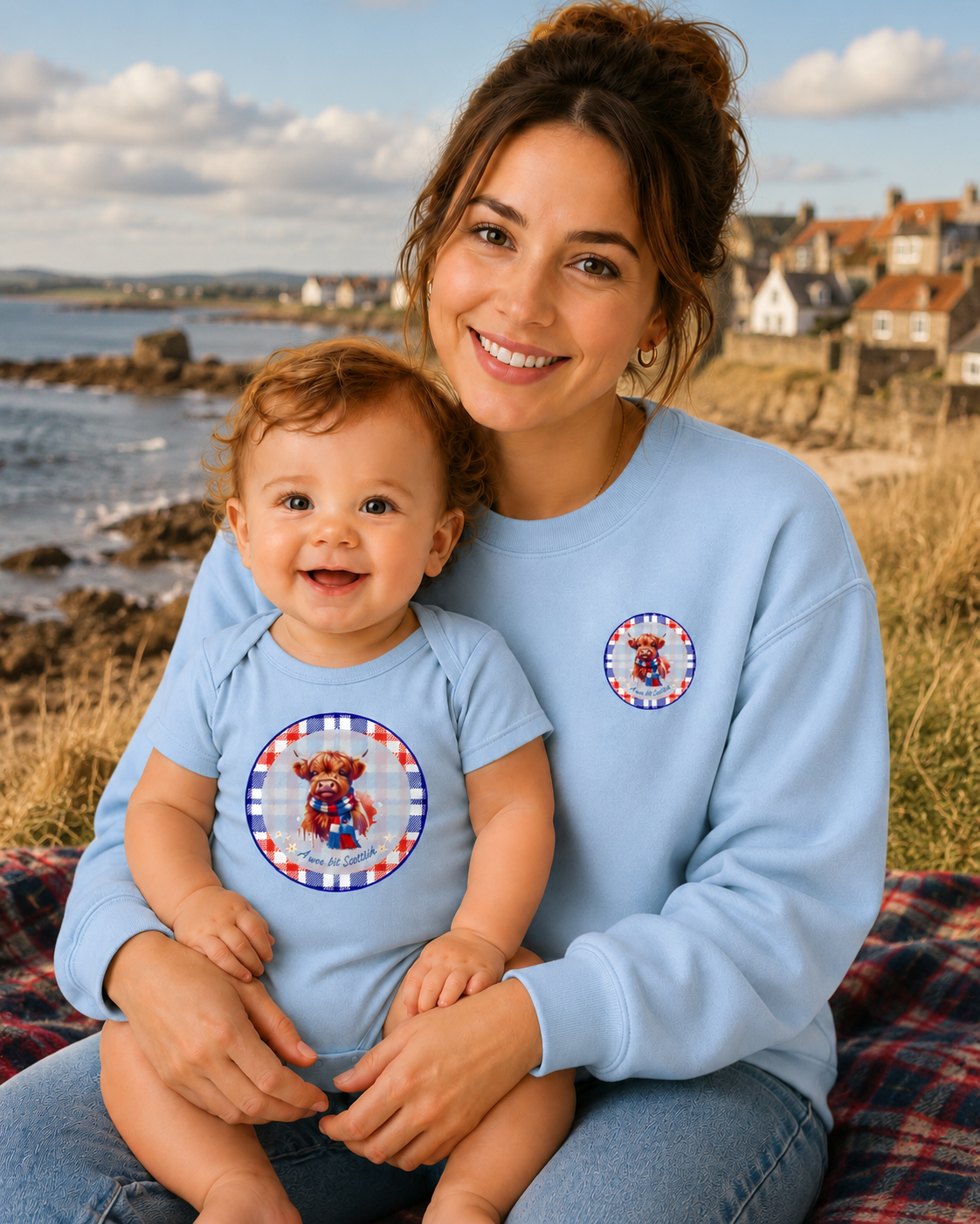 Matching family outfits featuring Scottish-inspired clothing for babies, children and adults from Wee Legends Co