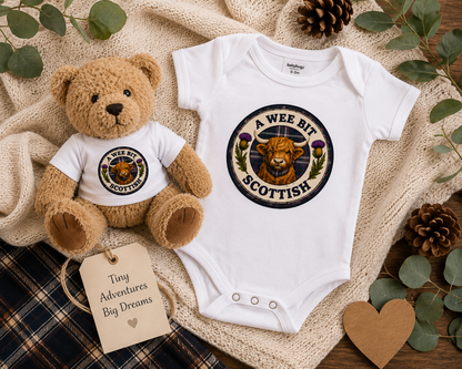 Soft teddy bear wearing a matching A Wee Bit Scottish t-shirt featuring a Highland Cow badge design.