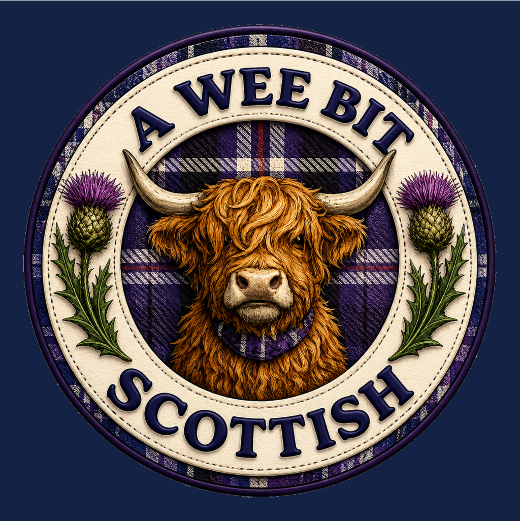 Close-up of the A Wee Bit Scottish Highland Cow badge design on the teddy bear's t-shirt