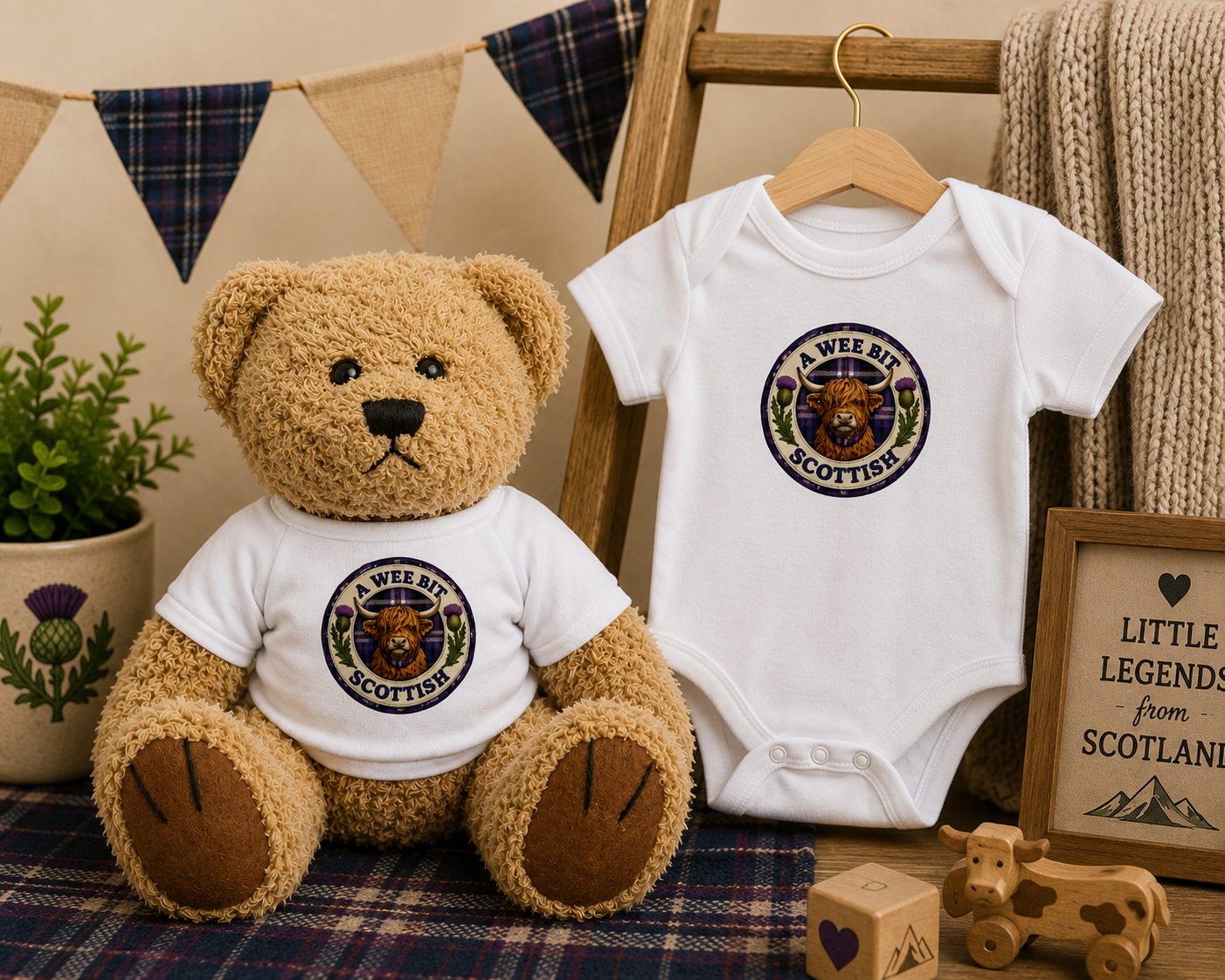 A Wee Bit Scottish Teddy Bear beside a matching Highland Cow baby bodysuit