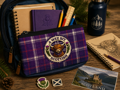 Scottish-themed pencil case featuring a Highland cow badge and tartan pattern displayed on a desk with school supplies and stationery.