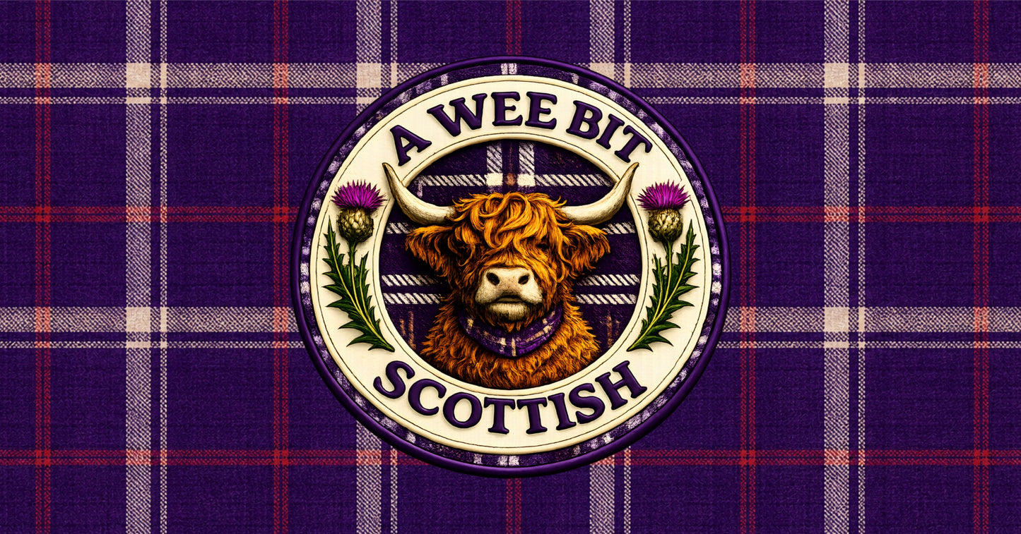 A Wee Bit Scottish pencil case with purple tartan pattern and Highland cow crest design.