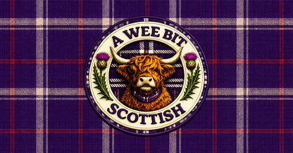 A Wee Bit Scottish pencil case with purple tartan pattern and Highland cow crest design.