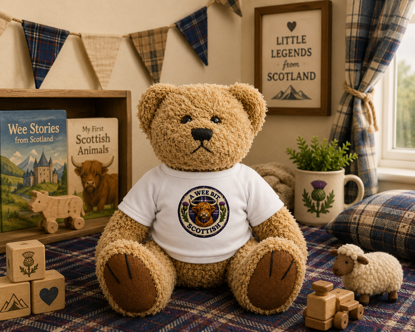 A Wee Bit Scottish Teddy Bear displayed in a cosy Scottish-themed nursery