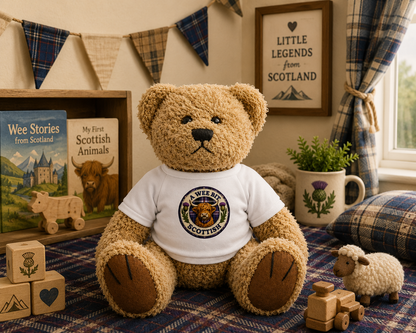 A Wee Bit Scottish Teddy Bear displayed in a cosy Scottish-themed nursery