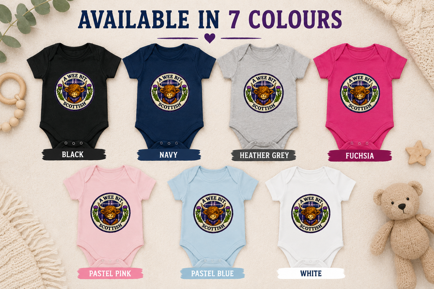 A Wee Bit Scottish baby bodysuit available in seven colours