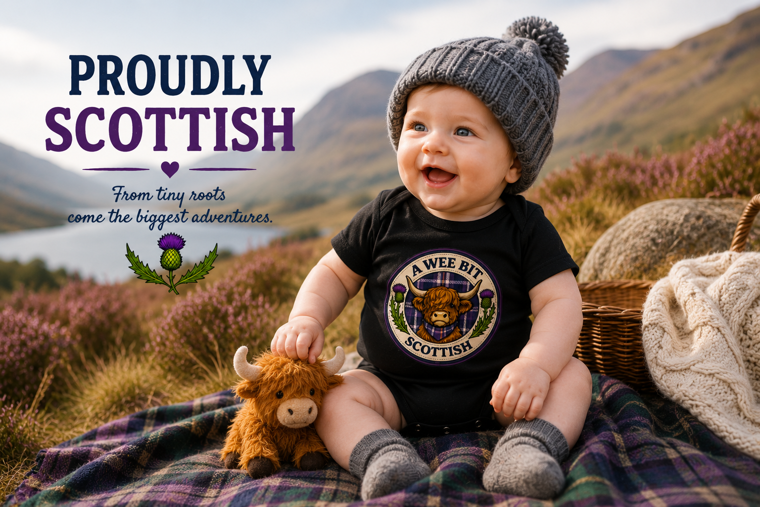 Baby wearing A Wee Bit Scottish Highland cow baby bodysuit outdoors