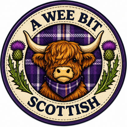 A Wee Bit Scottish design featuring Highland cow and Scottish thistle illustration