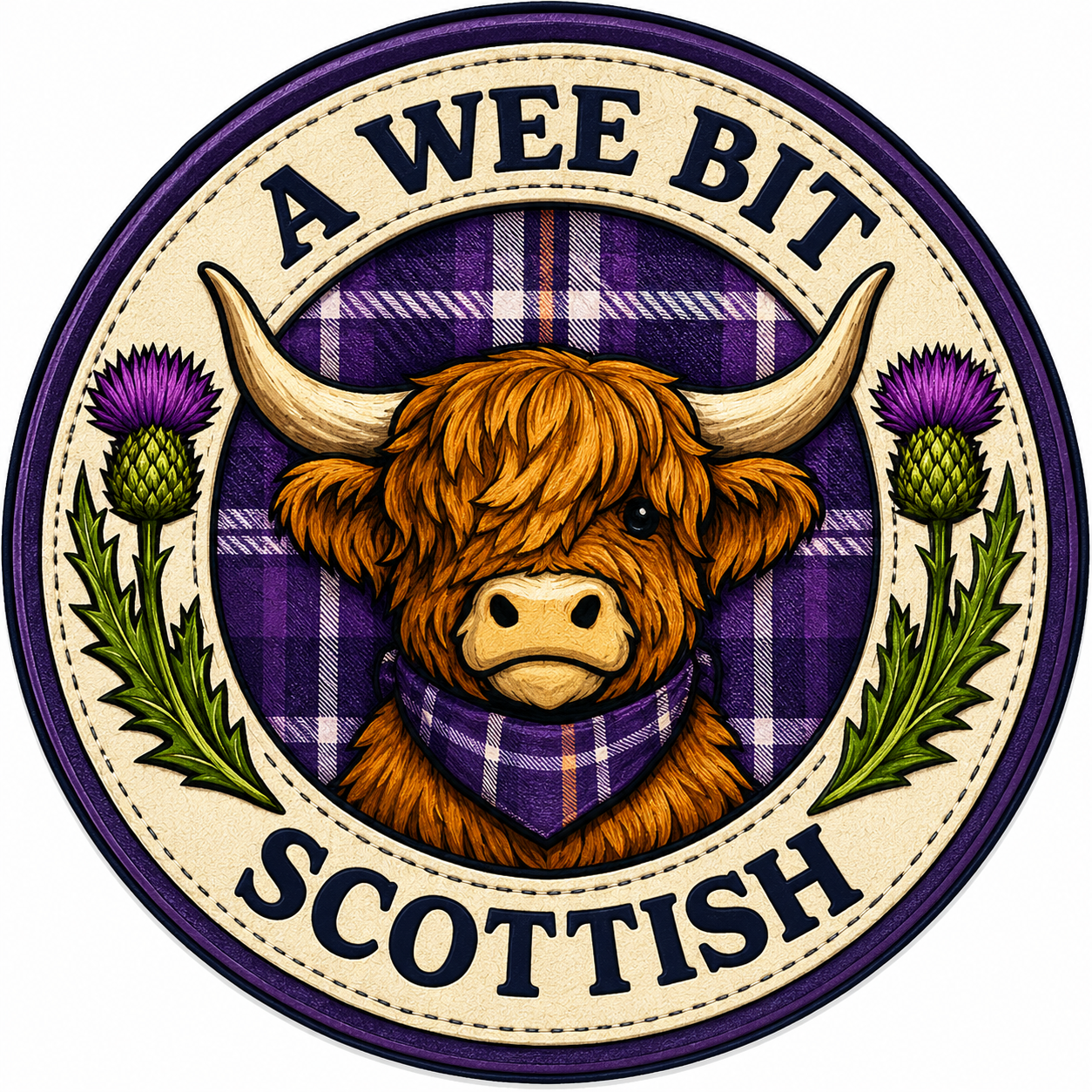 Close-up view of the A Wee Bit Scottish Highland cow badge embroidery-style design on the ladies fitted t-shirt.