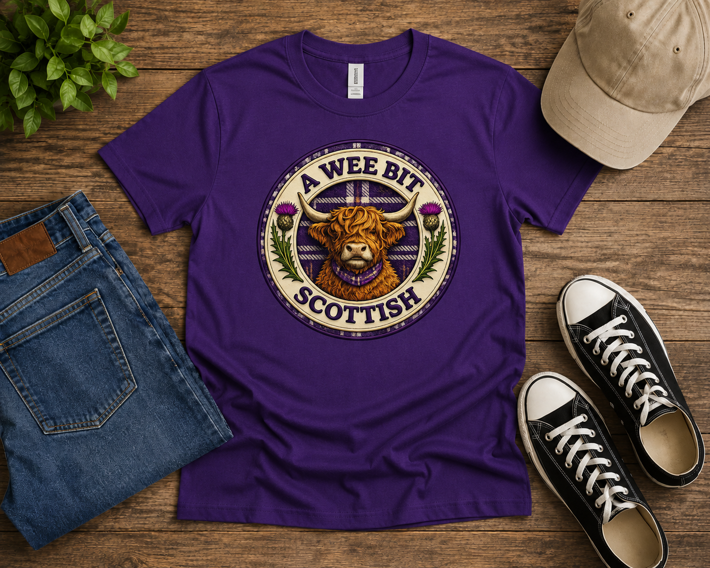 Purple A Wee Bit Scottish youth t-shirt with Highland cow badge design displayed in a flat lay with jeans and trainers.
