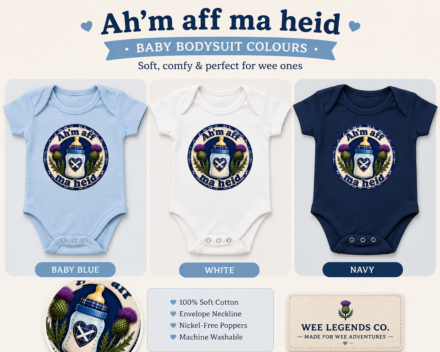 Ah'm Aff Ma Heid baby bodysuit available in multiple colours