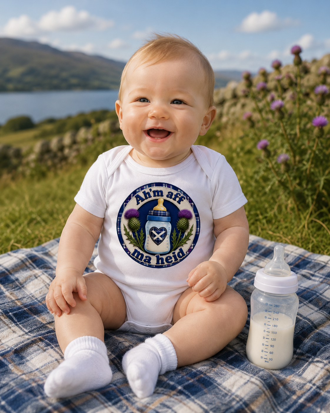 Smiling baby wearing an Ah'm Aff Ma Heid baby bodysuit while sitting on a tartan picnic blanket beside a milk bottle in a Scottish countryside setting.