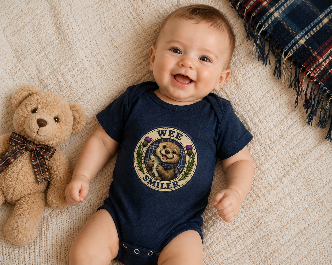 Happy baby wearing a navy Wee Smiler bodysuit featuring a smiling Scottish otter design, lying on a cream knitted blanket beside a teddy bear in a cosy nursery setting.