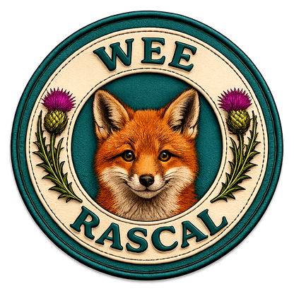 Close-up of the Wee Warrior badge featuring a Highland warrior character, Scottish thistles and tartan detailing.