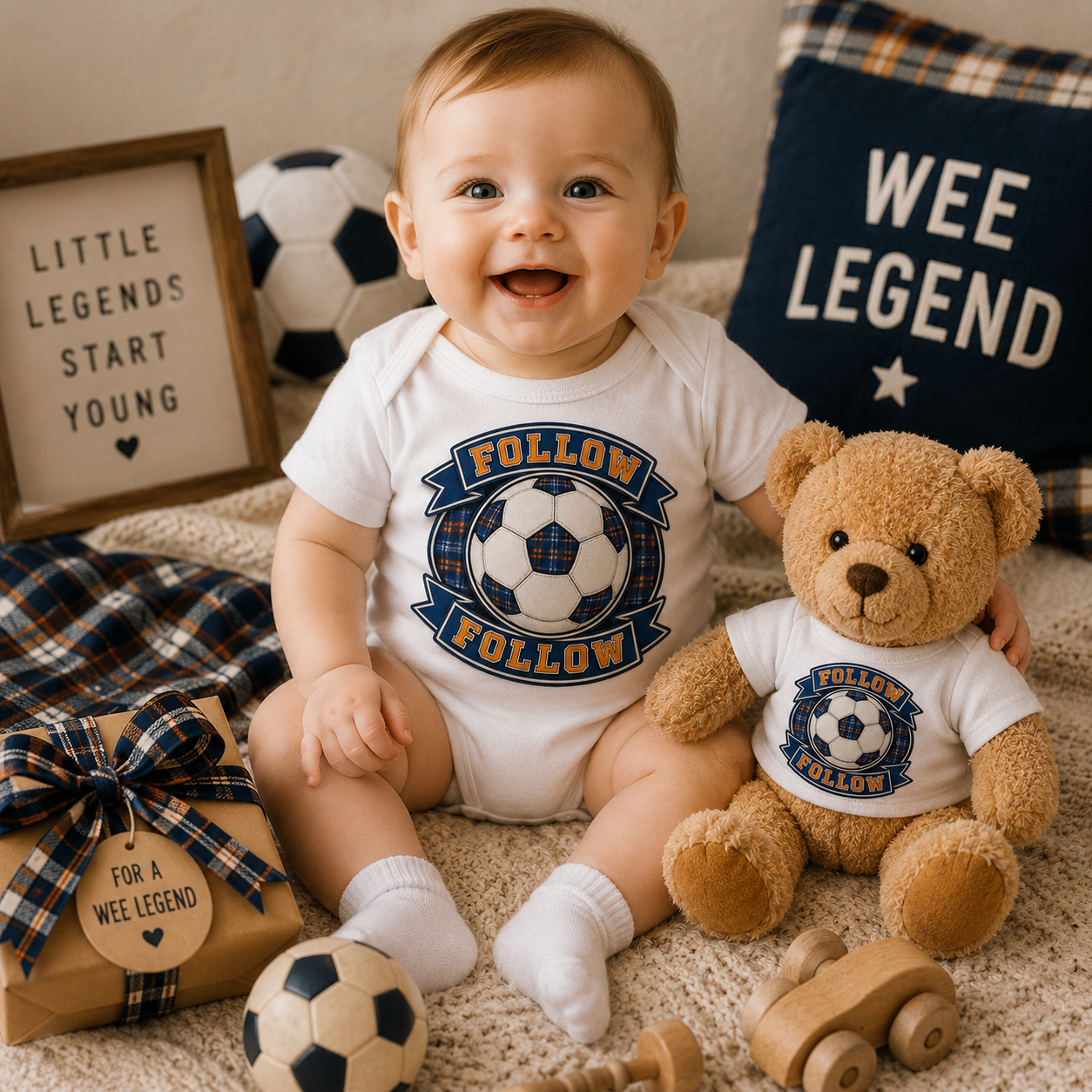 Smiling baby wearing the FOLLOW FOLLOW bodysuit alongside a matching teddy bear in a warm nursery setting.