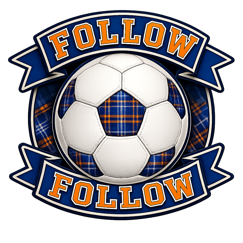 Close-up of the FOLLOW FOLLOW football crest featuring a tartan football and blue banners with orange lettering.