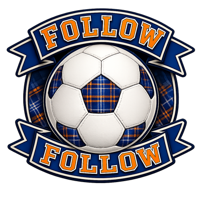 Close-up of the FOLLOW FOLLOW football crest featuring a tartan football and blue banners with orange lettering.