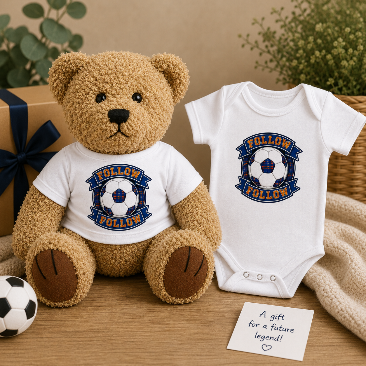 FOLLOW FOLLOW teddy bear and matching baby bodysuit gift set featuring a football-inspired crest design. Soft plush teddy and white baby bodysuit displayed in a cosy nursery setting, ideal as a Scottish baby shower gift, newborn present or football family keepsake.
