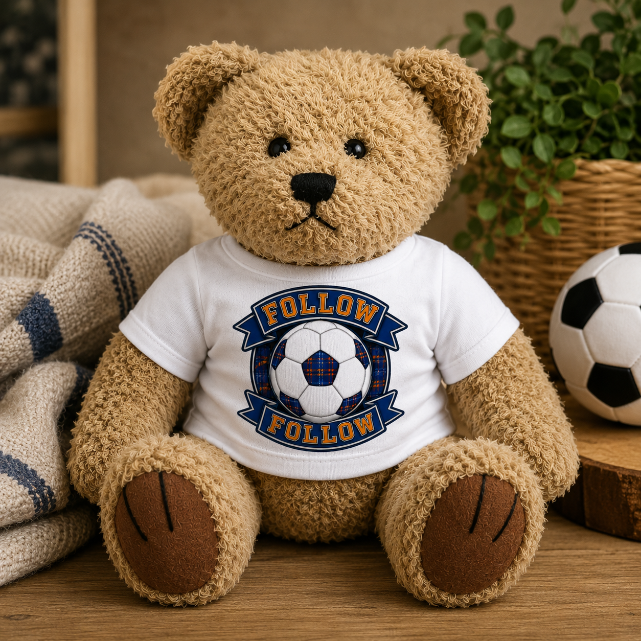 FOLLOW FOLLOW teddy bear displayed in a cosy nursery-style setting beside a football and soft furnishings.