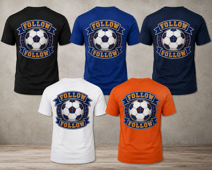 FOLLOW FOLLOW Crest men's t-shirt available in black, royal blue, navy, white and orange colour options