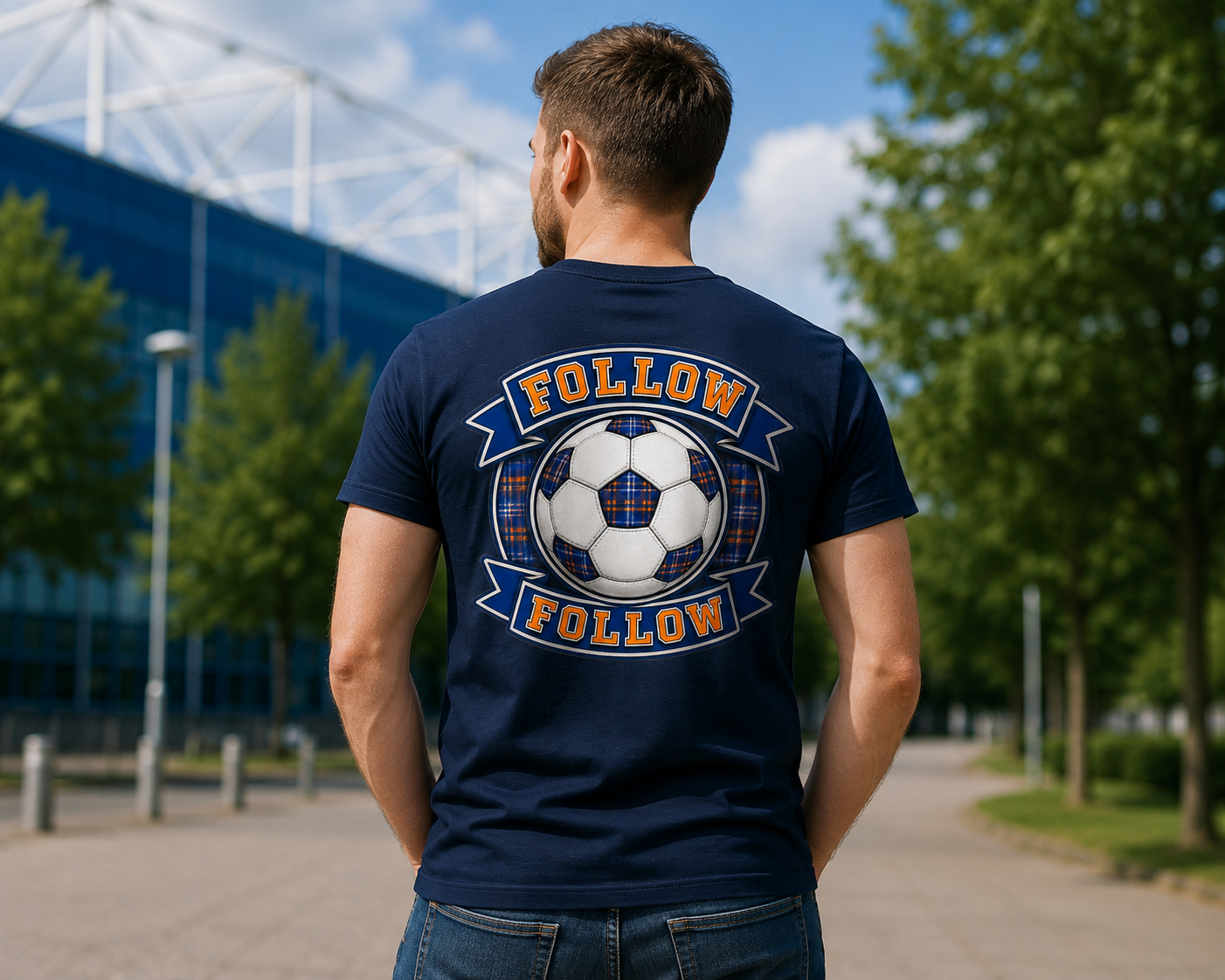 Man wearing a royal blue FOLLOW FOLLOW Crest men's t-shirt outdoors with football-inspired supporter crest design