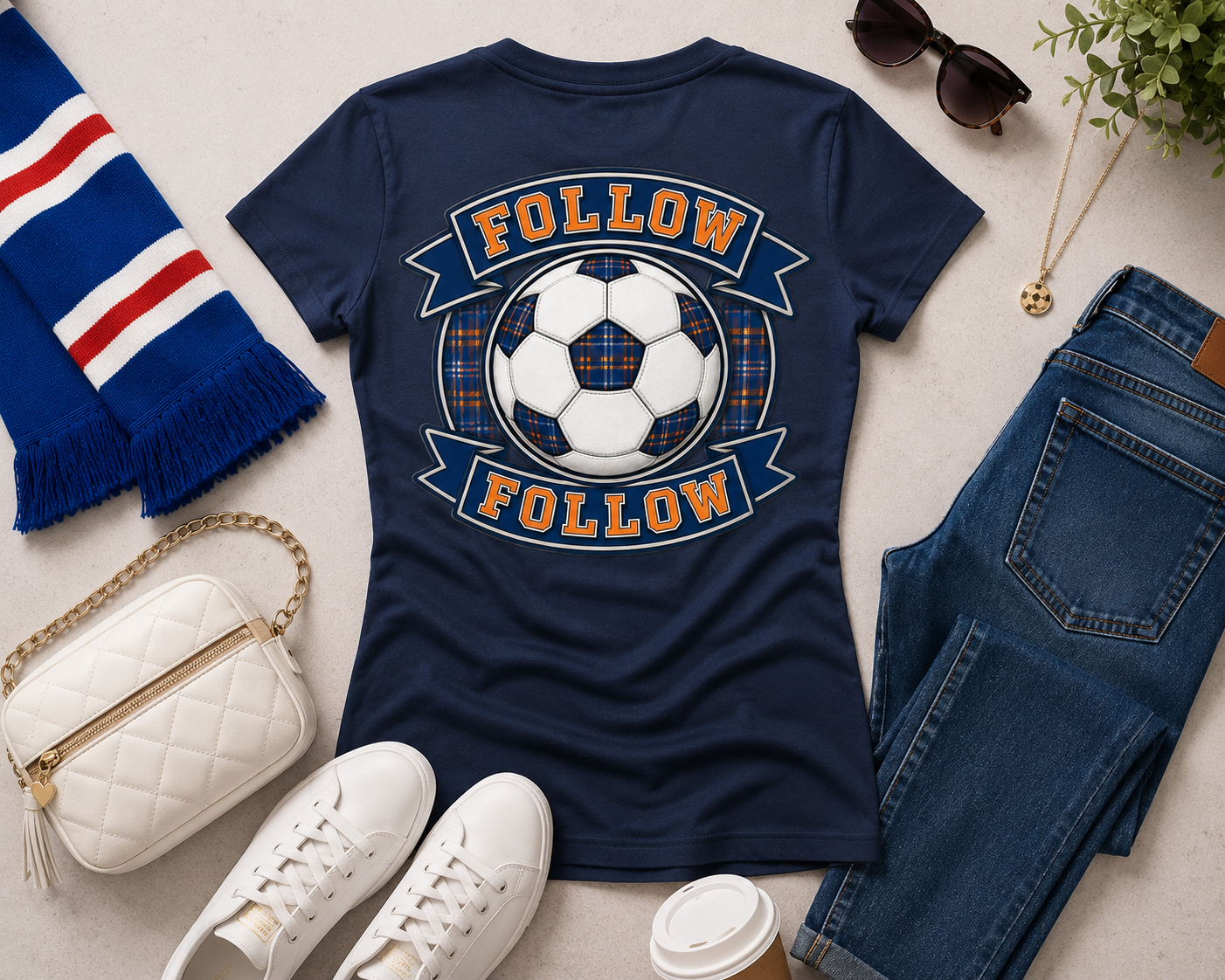 Navy FOLLOW FOLLOW women's fitted t-shirt styled with jeans, white handbag, sunglasses, trainers, coffee cup and football scarf in a feminine flat lay arrangement.