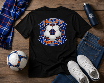 FOLLOW FOLLOW men's t-shirt displayed in a football-themed flat lay with a tartan scarf, football, jeans and white trainers.