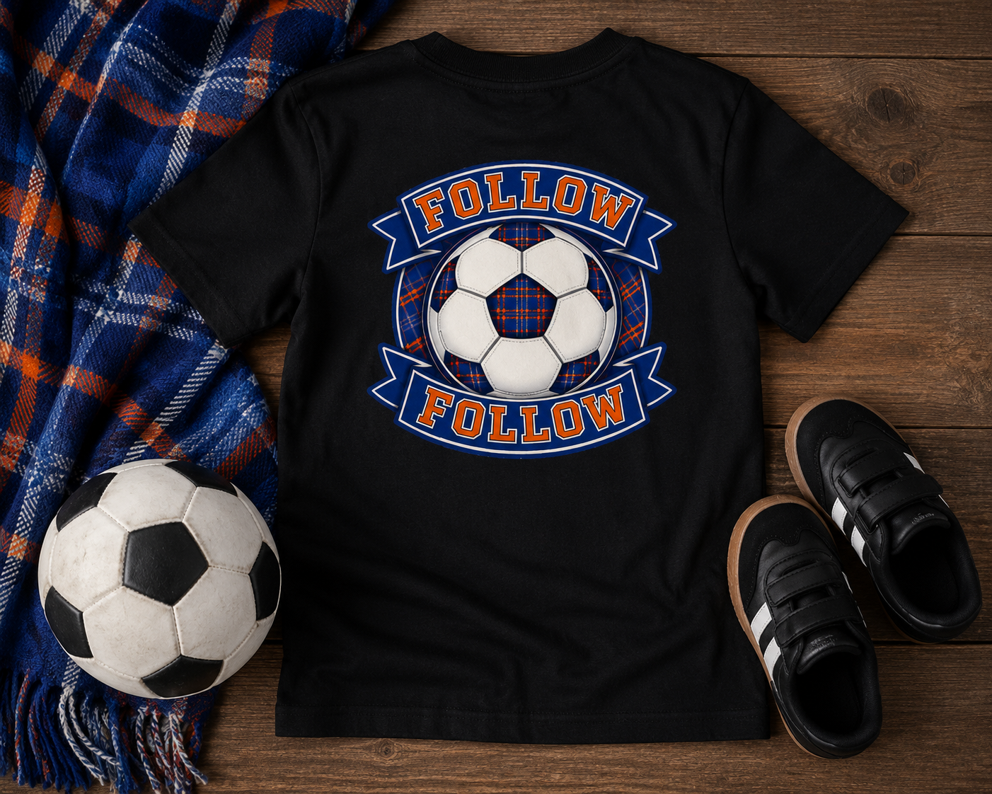 FOLLOW FOLLOW youth t-shirt displayed in a flat lay arrangement with football-inspired accessories and tartan details.