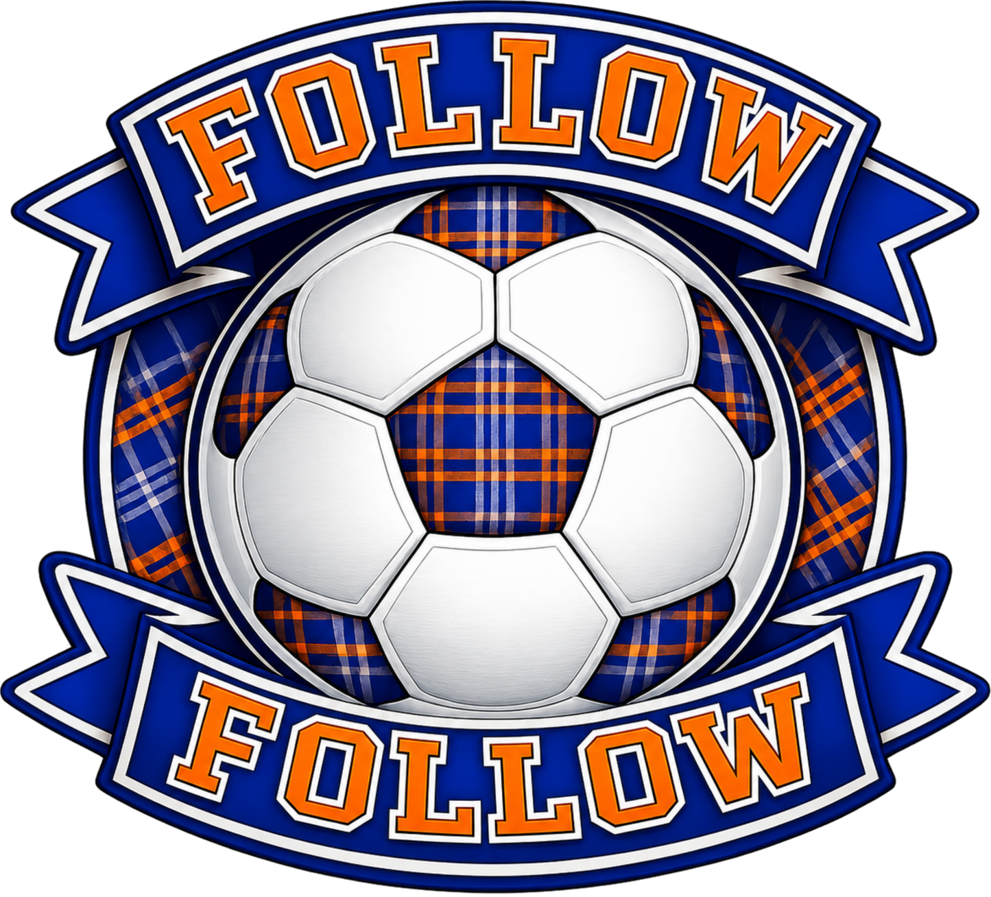 Detailed close-up of the FOLLOW FOLLOW football-inspired design showing a tartan football crest with bold blue and orange banners 