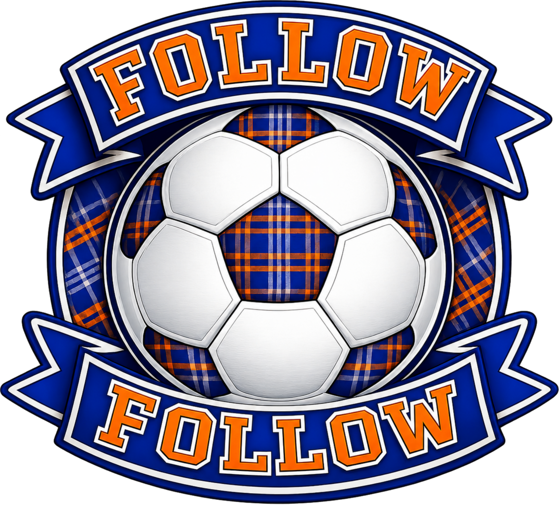 Detailed close-up of the FOLLOW FOLLOW football-inspired design showing a tartan football crest with bold blue and orange banners 