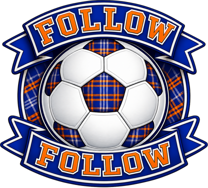 Detailed close-up of the FOLLOW FOLLOW football-inspired design showing a tartan football crest with bold blue and orange banners 