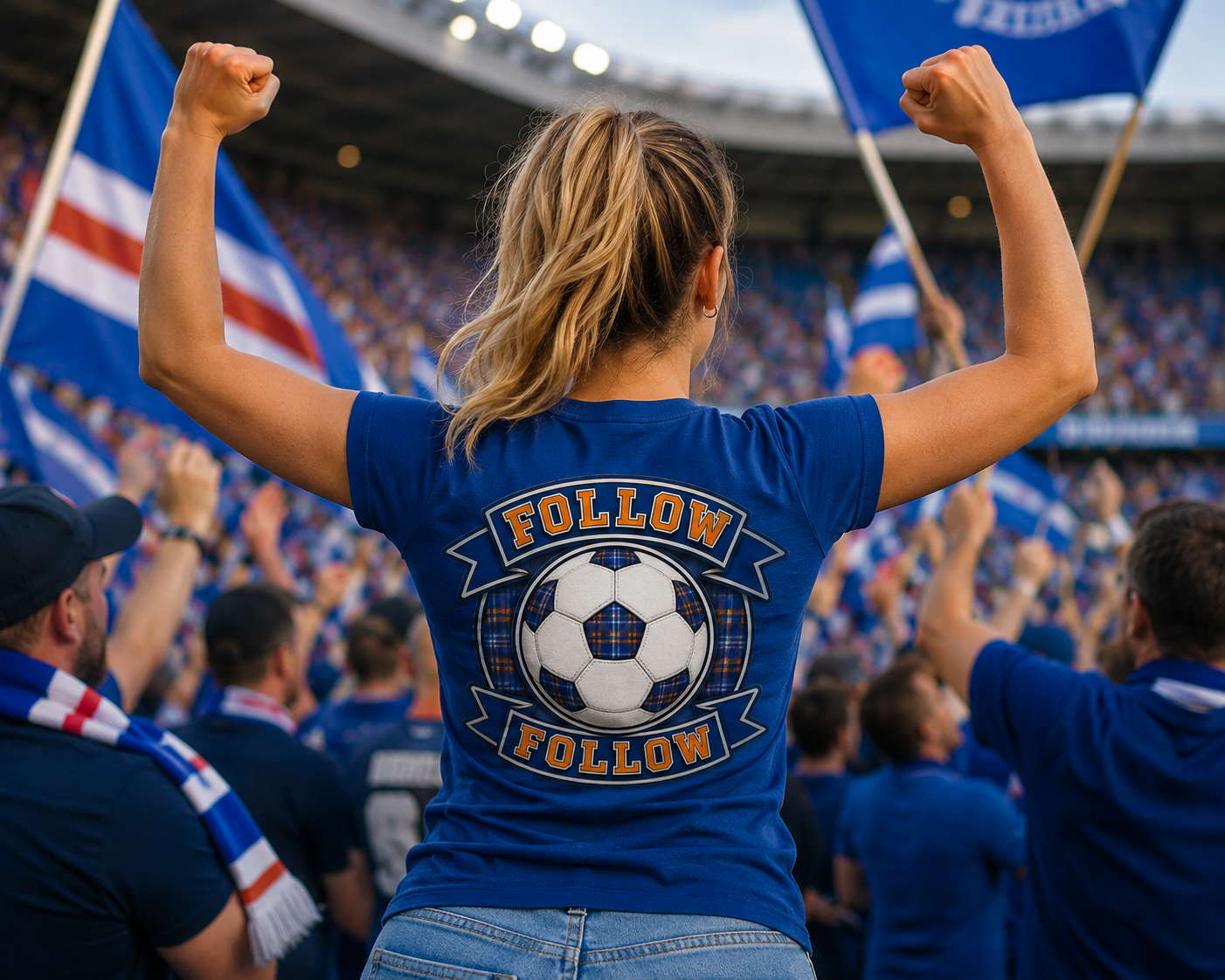 Football supporter celebrating on match day while wearing a royal blue FOLLOW FOLLOW women's fitted t-shirt with large back print design.