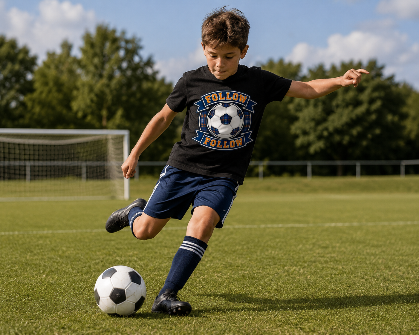 Young football supporter wearing a navy FOLLOW FOLLOW youth t-shirt featuring a tartan football design while playing outdoors on a grassy pitch.