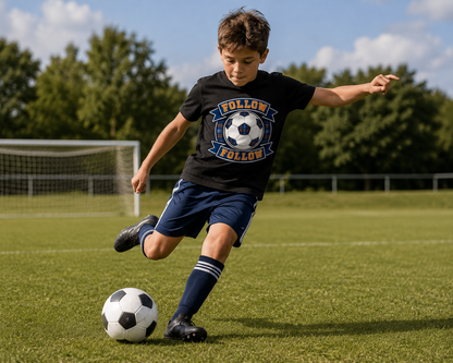 Young football supporter wearing a navy FOLLOW FOLLOW youth t-shirt featuring a tartan football design while playing outdoors on a grassy pitch.