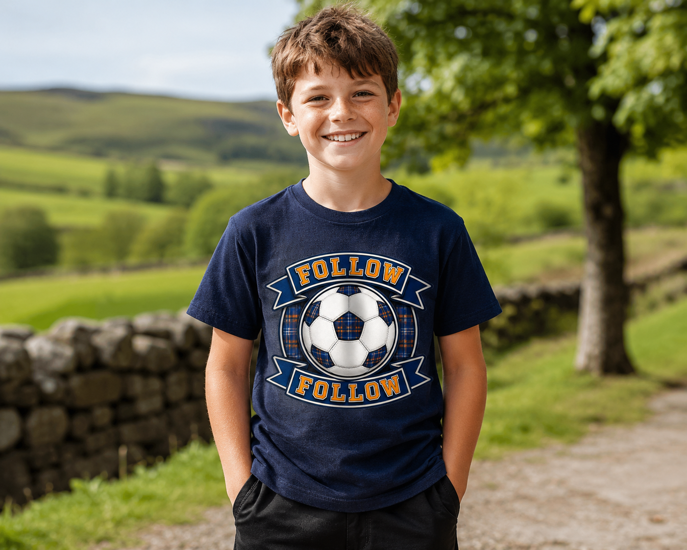 Young football supporter wearing a navy FOLLOW FOLLOW youth t-shirt featuring a tartan football design outdoors