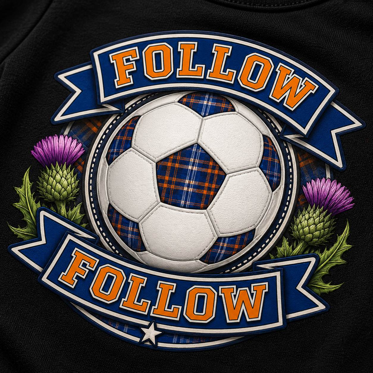 FOLLOW FOLLOW Thistle design featuring football, tartan details and Scottish thistles