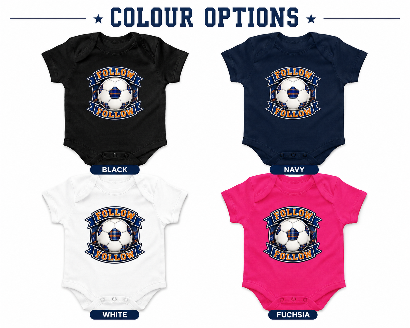 FOLLOW FOLLOW baby bodysuit available in multiple colours including black, navy, white, pink and blue