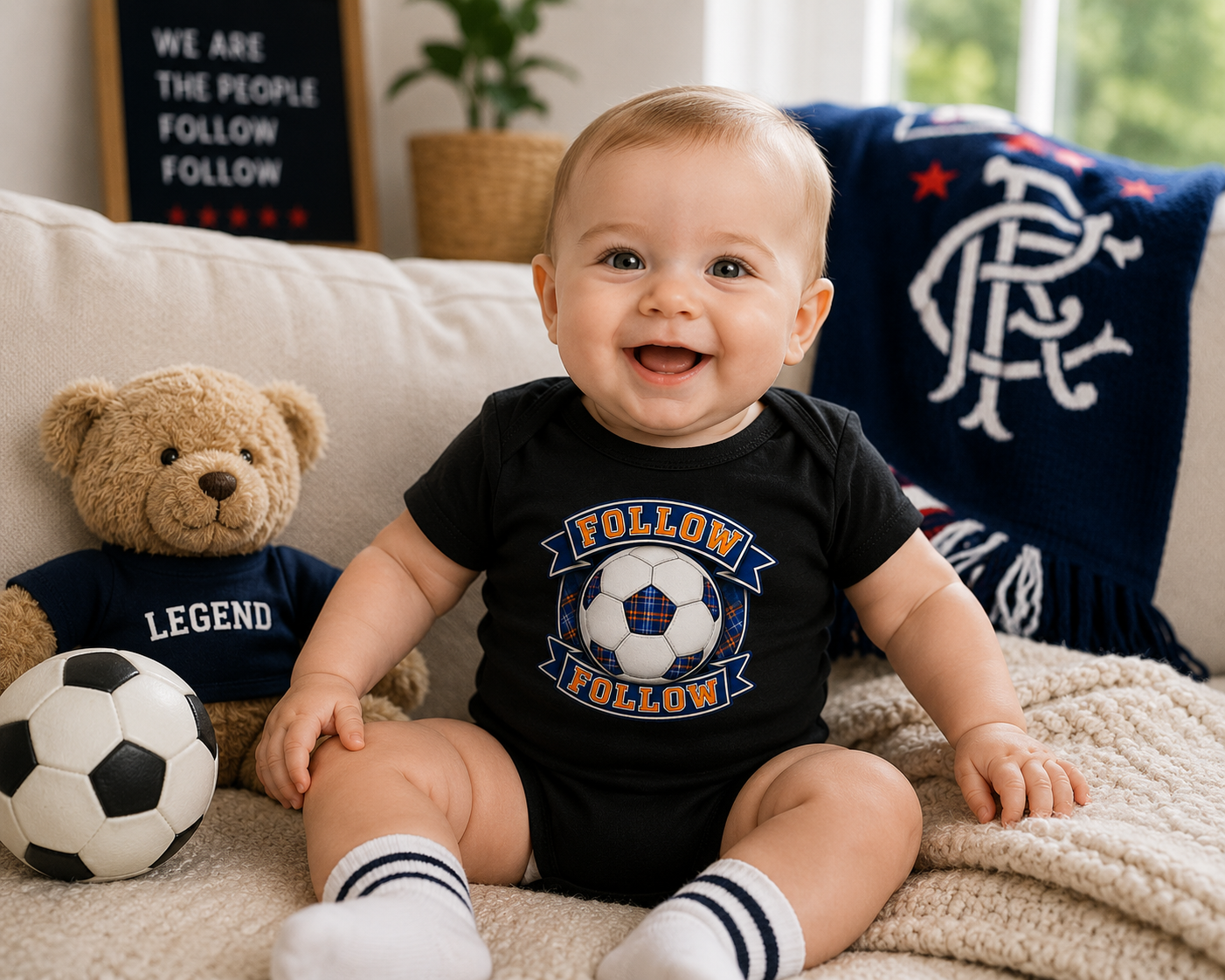 Baby wearing FOLLOW FOLLOW Scottish football bodysuit sitting and smiling