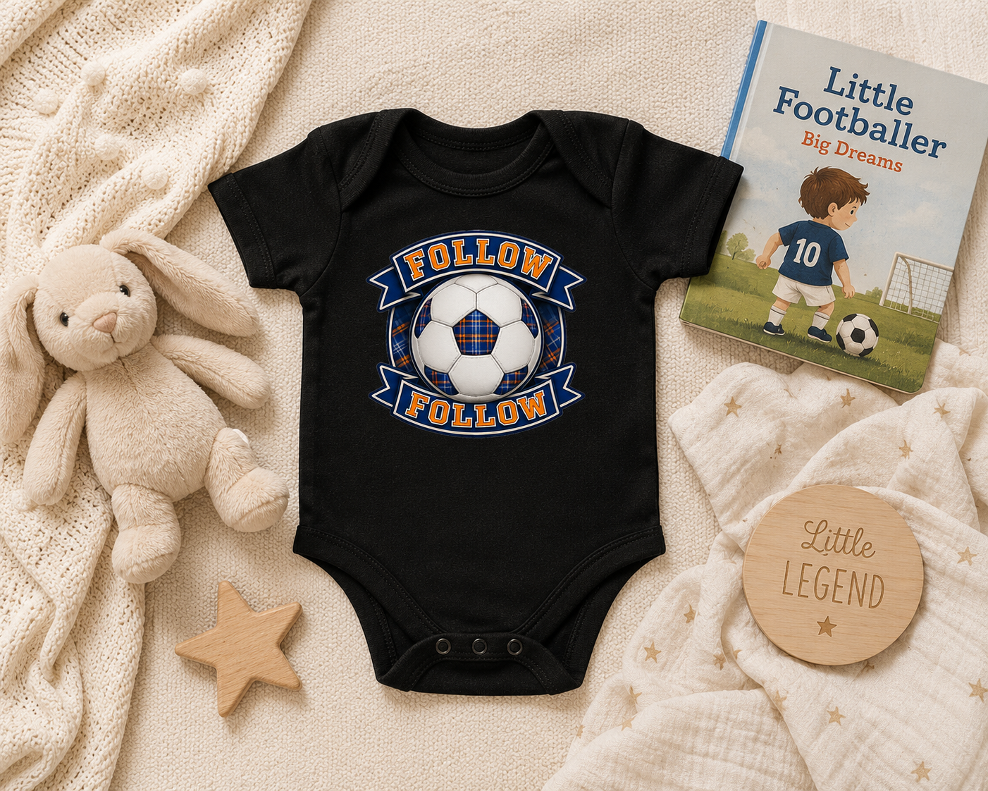 FOLLOW FOLLOW baby bodysuit displayed with teddy bear and baby accessories