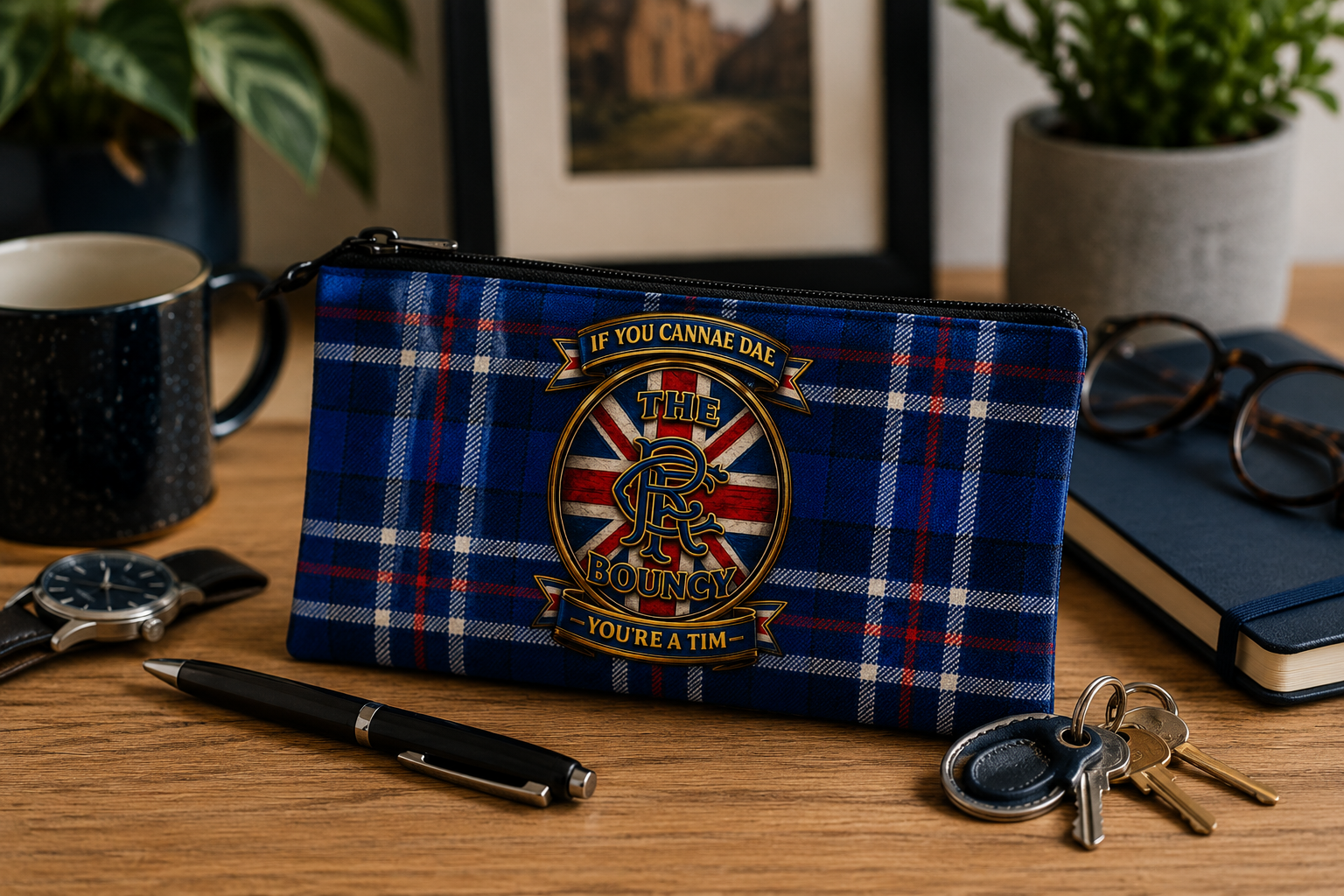 Scottish tartan accessory pouch featuring the If You Cannae Dae The Bouncy design displayed in a home office workspace with everyday essentials.