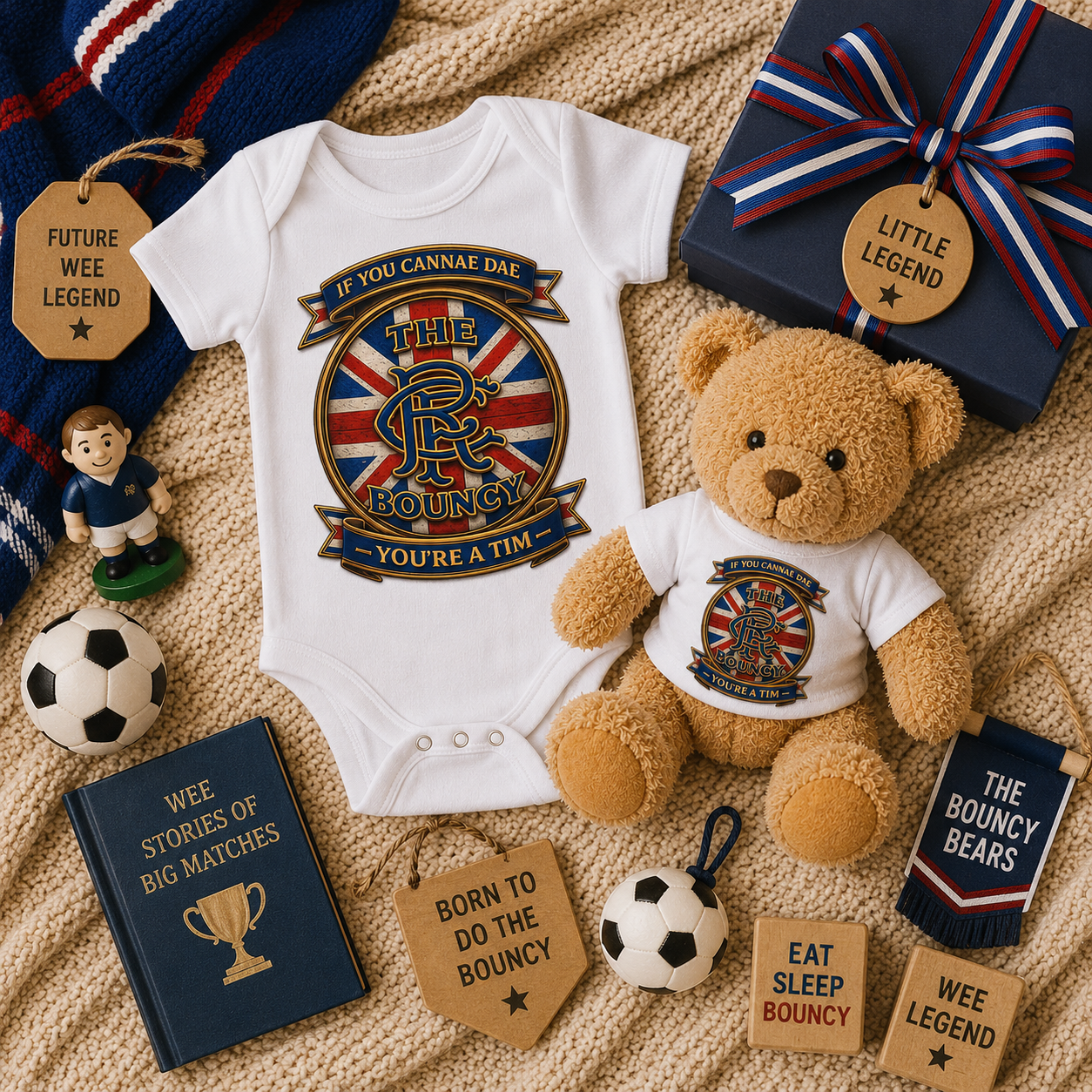 If You Cannae Dae The Bouncy baby gift set displayed on a cosy blanket with matching bodysuit, teddy bear and football-themed accessories.
