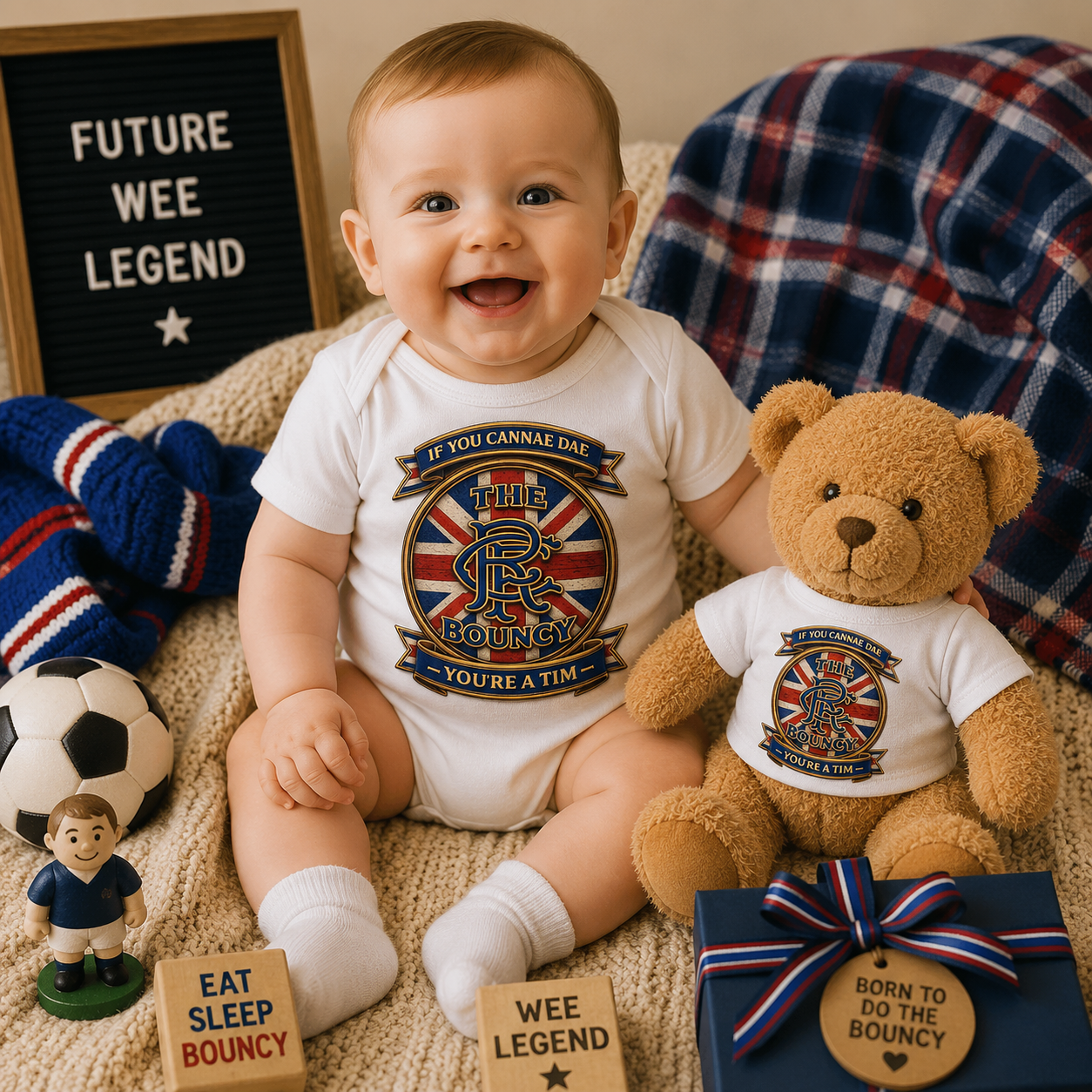 Smiling baby wearing the If You Cannae Dae The Bouncy bodysuit alongside a matching teddy bear in a warm nursery setting.