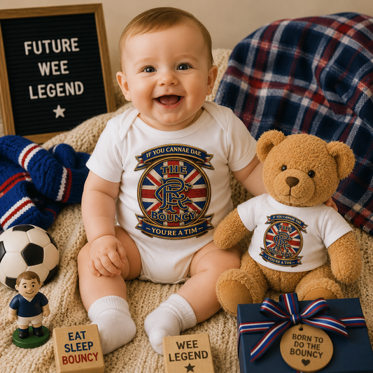 Smiling baby wearing the If You Cannae Dae The Bouncy bodysuit alongside a matching teddy bear in a warm nursery setting.