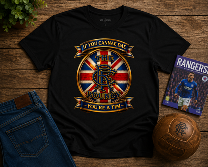 Flat lay of the If You Cannae Dae The Bouncy men's T-shirt displaying the detailed crest design and heavy cotton fabric.