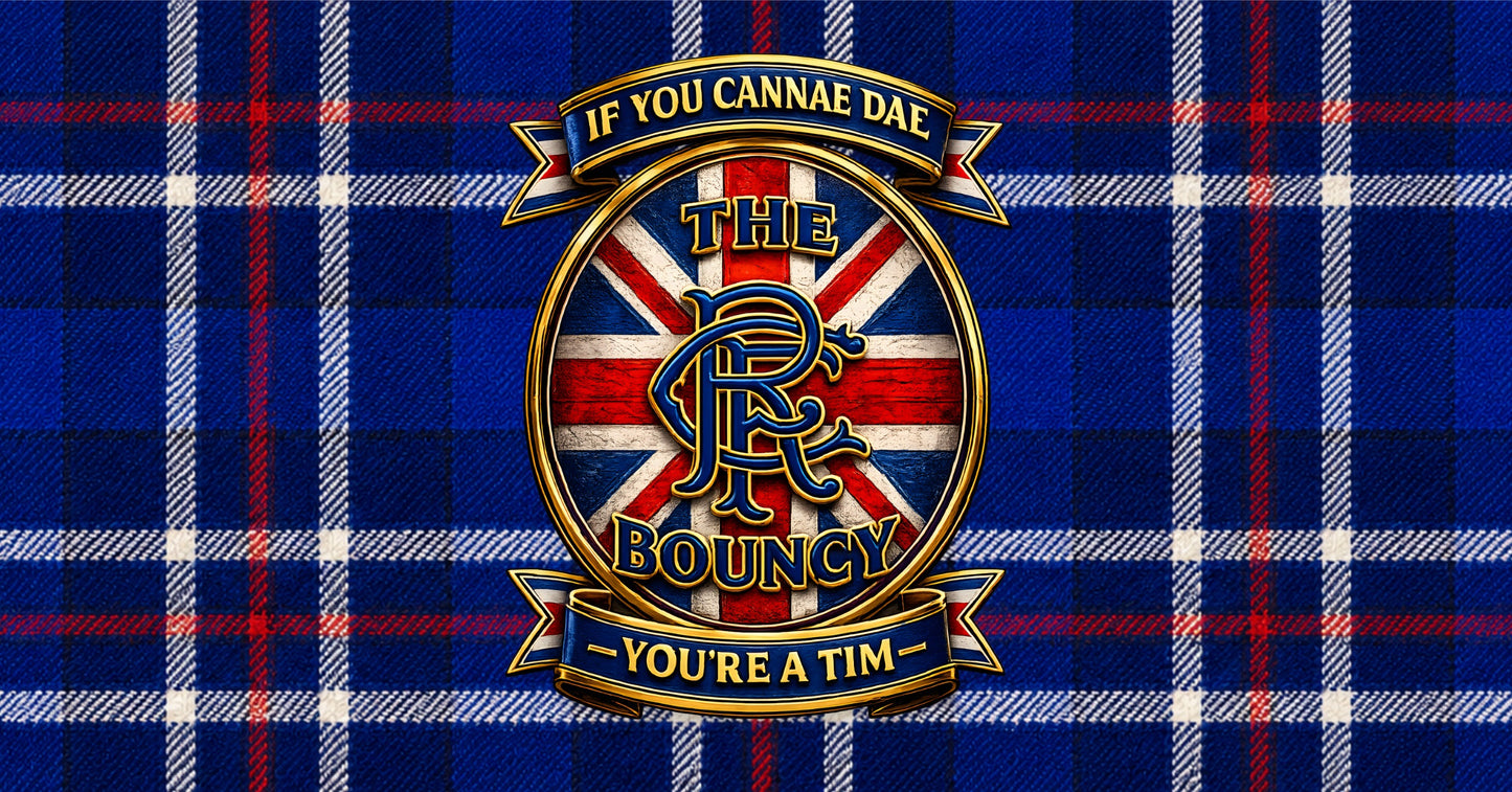 Close-up of the If You Cannae Dae The Bouncy zip pouch showing the tartan designand crest